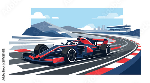 Speedy red and blue formula race car racing on asphalt track by mountains and sky with grandstand. Perfect for automotive promotions.