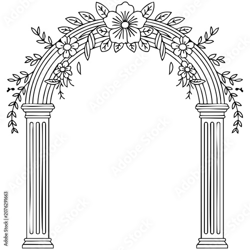 Obraz na płótnie Decorative Architectural Arch Featuring Fluted Columns And Symmetrical Botanical