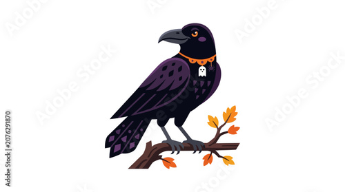 Fotografie Mysterious black raven on a tombstone with orange collar and tag, perched on an autumn leaf covered brown tree branch