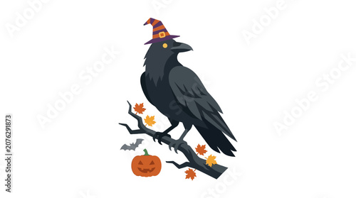 Photography Gothic halloween scene with raven, witch hat, autumn leaves, pumpkin, and bat