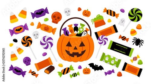 Foto Halloweenthemed collection with pumpkin bucket, candy corn, lollipops, skulls, bats, spiders, and sweet treats ideal for festive design projects