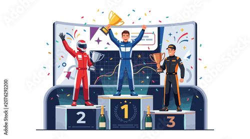 Foto Happy race car drivers celebrating on podium with golden trophies, confetti, and colorful background