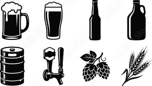 Beer Brewing Silhouette Collection Featuring Beer Mug Bottle Keg Hop Barley and Tap Icons