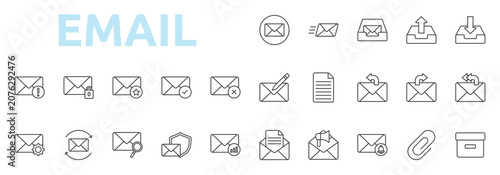 Email icon set outline style with inbox, outbox, send, receive, compose, draft, reply icons