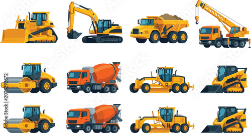 Construction Heavy Equipment Vehicle Collection Featuring Excavator Bulldozer Crane Dump Truck and Road Machinery