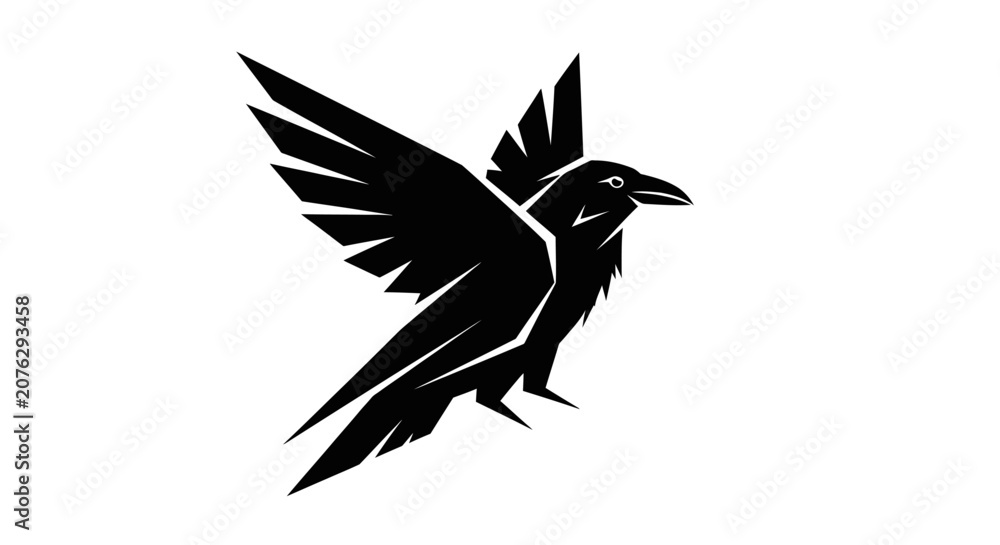 Fototapeta premium Dynamic black crow silhouette flying against white background.