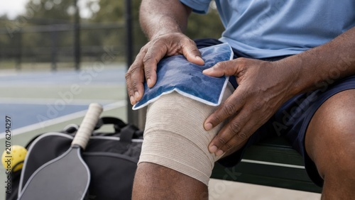 Pickleball injury older hands of African American man placing an ice