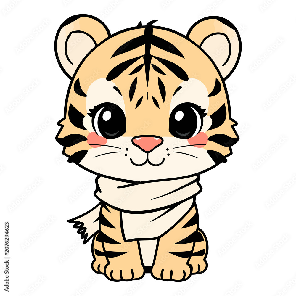 Fototapeta premium Chibi Tiger Cartoon Character With Winter Scarf