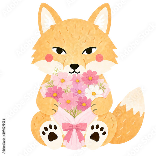 北欧風デザインのコスモスの花束を持ったチベットスナギツネのイラスト