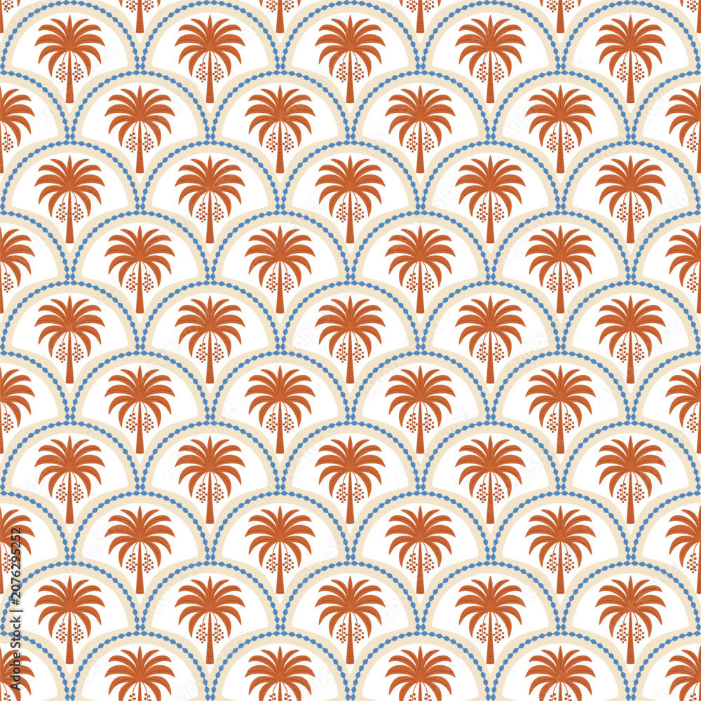 Fototapeta premium Brown boho palm tree seamless pattern. Jungle damask print, summer nature vector wallpaper. Hand drawn coconut plant, cute scallop tropic background. Simple textile surface design, fabric, wrap paper.