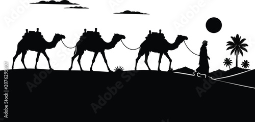 Camel caravan silhouette against a white background with desert landscape