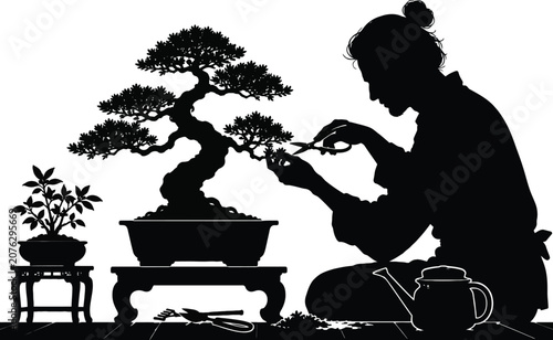 Bonsai Tree And Gardener Silhouette Against White Background