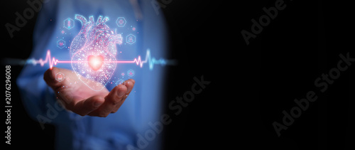 Doctor holds AI powered anatomical heart with ECG waveform. Artificial intelligence, digital cardiology, healthcare innovation, precision medicine, cardiovascular care, and future medical technology.
