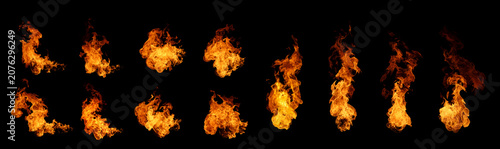 Fotografi Collection of realistic fire flame overlays isolated on black background, featuring blazing fire effects, burning elements, heat, energy, transparent design assets, and cinematic visual effects