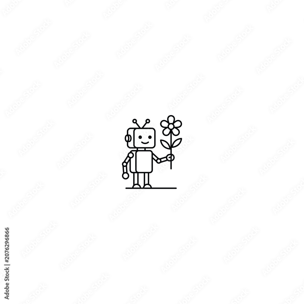 Fototapeta premium Minimalist line art illustration of a cute robot holding up a small flower, isolated on a clean white background