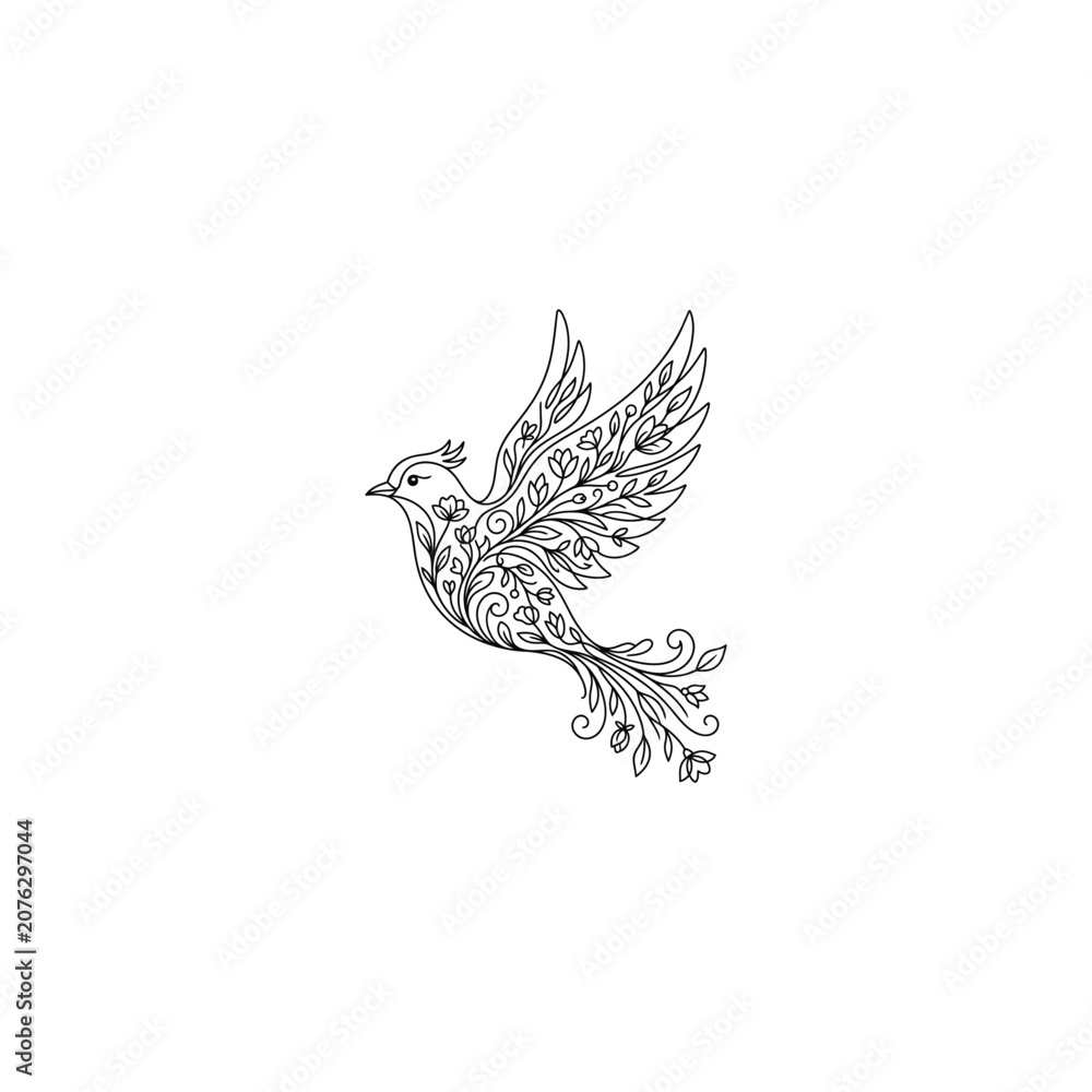 Obraz premium Elegant minimalist line art illustration of a flying bird decorated with beautiful floral patterns, blooming flowers, and leaves, isolated on a white background