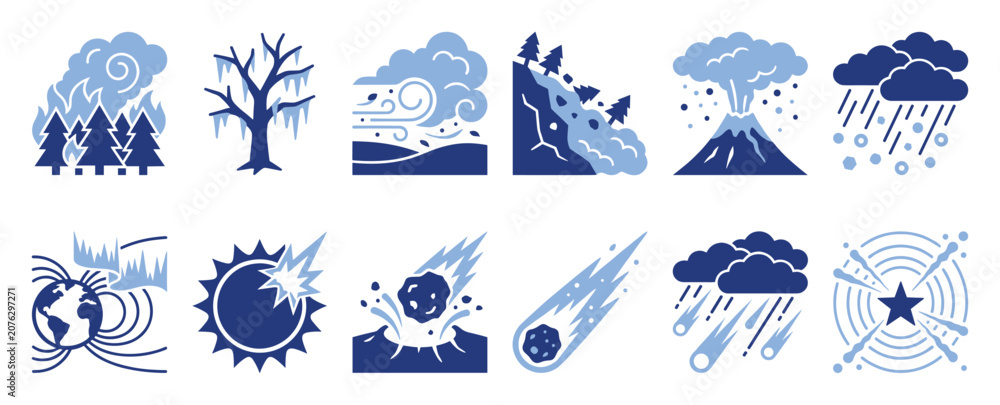 Obraz premium Set of natural disaster and extreme weather event icons depicting environmental threats and cosmic phenomena for educational and informative graphic presentations