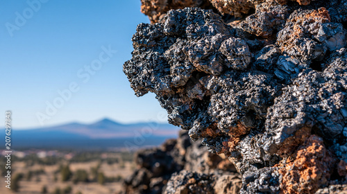 Porous black volcanic scoria at a crater's edge, textured surface.