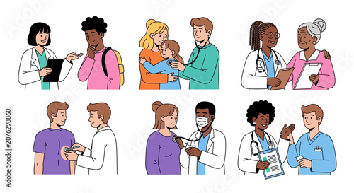 Medical professionals, doctors, nurses, patients, healthcare workers, vector illustrations