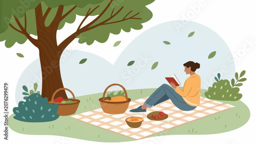 Young woman reading book at outdoor summer picnic in park setting illustration with outdoors recreation lifestyle relaxation peaceful enjoyment activity greenery literature wellness tranquil
