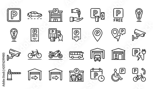Fotografía Parking Garage and Transport Outline Icon Set EPS10