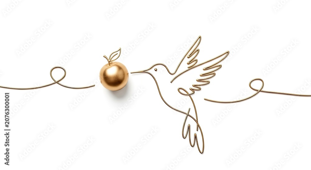 Fototapeta premium Golden Hummingbird and Apple - Elegant Line Art