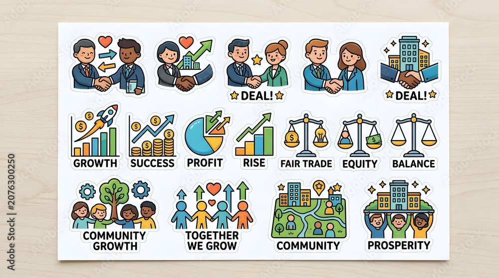 Obraz premium Business Icons and Concepts: A collection of colorful vector illustrations depicting various business concepts, including handshakes, charts, growth, and community.