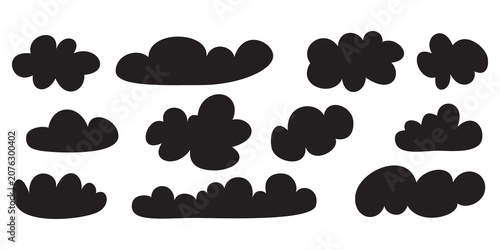 Cuadro en lienzo Hand drawn black cloud silhouettes in various organic shapes and sizes for weather icons and atmospheric sky background designs