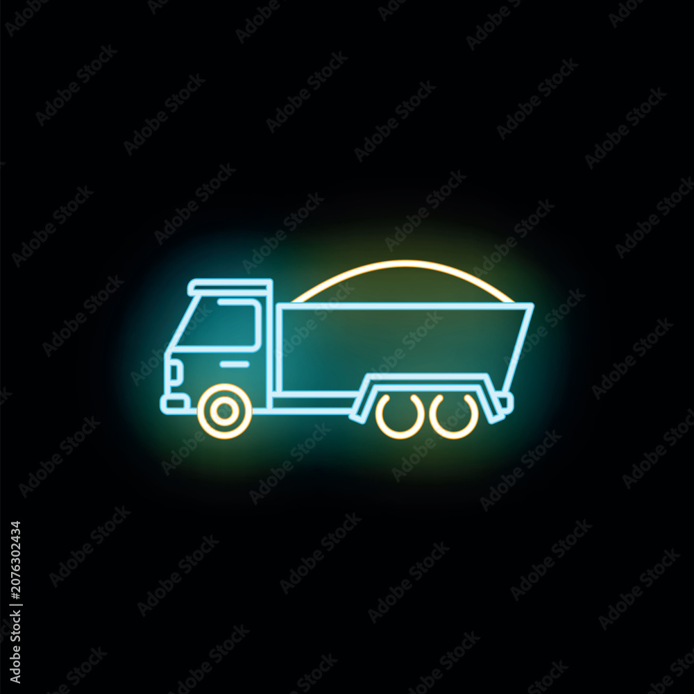 Fototapeta premium Dump truck icon transporting bulk material using a vibrant neon effect