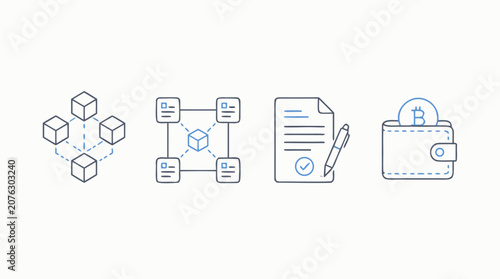 Blockchain thin line icon set showing distributed ledger cubes, smart contract document, connected nodes and crypto wallet with bitcoin coin, editable stroke vector for fintech products
