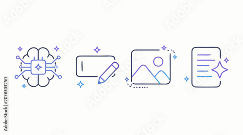 Rounded line icon set for generative AI tools, prompt input, neural creativity, image synthesis, text generation, smart writing, digital art automation and sparkling innovation for modern apps