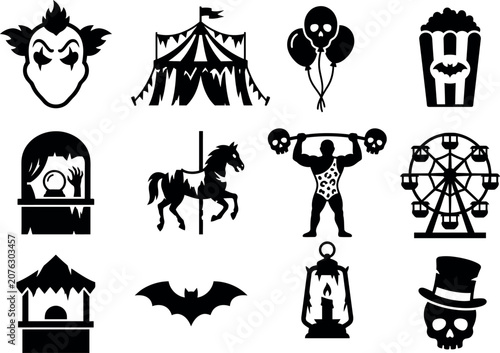 Halloween-themed vector illustration with spooky icons and festive symbols in line art style