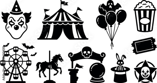 A detailed vector illustration featuring Halloween symbols like pumpkins, bats, and spooky icons in a festive style.