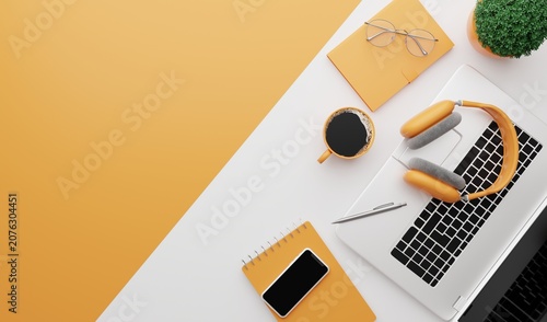 Modern Workspace with Laptop, Headphones, and Coffee on a Stylish Yellow and White Desk