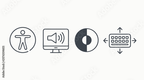 Digital accessibility line icon set featuring universal access symbol, screen reader audio, high contrast mode and keyboard navigation arrows, editable stroke vector UI for inclusive web design