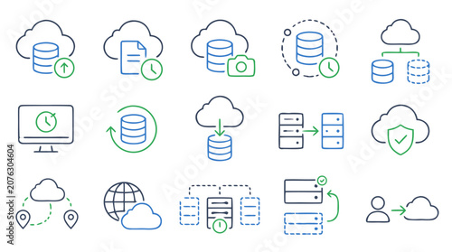 Cloud backup and disaster recovery line icon set showing snapshots, restore points, failover, secure storage, sync, migration and protected databases, editable stroke vector for SaaS platforms