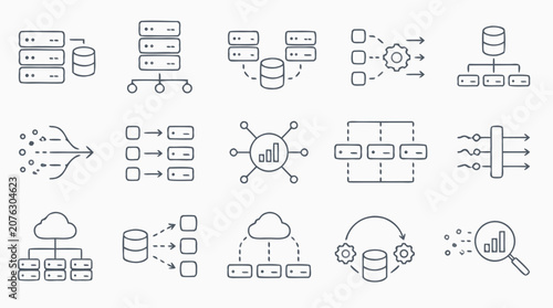 Big data processing line icon set with server stacks, parallel compute nodes, streaming flows, databases, cloud clusters and analytics symbols, editable stroke vector illustration for tech UI