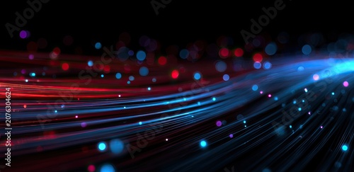Abstract glowing streaks of blue and red light with bokeh on a dark background