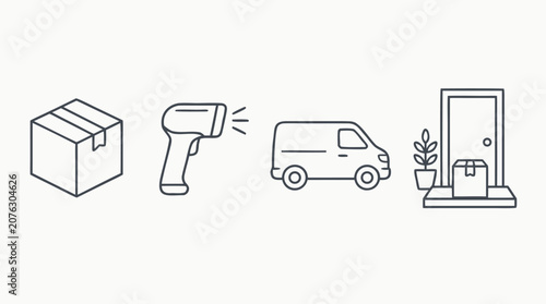 Parcel delivery and last mile logistics line icons with cardboard box, barcode scanner, courier van and doorstep package, clean editable vector symbols for shipping services workflow