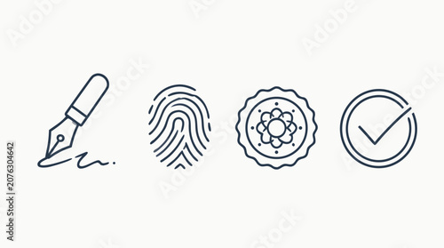 Digital signature line icon set with signing pen, biometric fingerprint, official seal and verified check badge, clean editable stroke vector for authentication, approval and secure documents