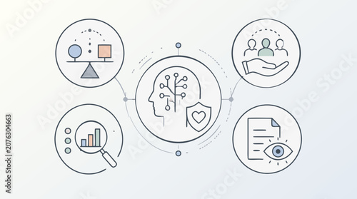 AI ethics and responsible technology line icon concept with fairness scale, protected profile, bias audit, human oversight, transparency document and accountability symbols, editable stroke vector