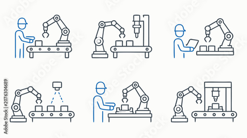 Collaborative robot assembly line icon set showing cobots, human operators, conveyor belts, robotic arms, sensors and automated workstations, editable stroke vector for smart manufacturing