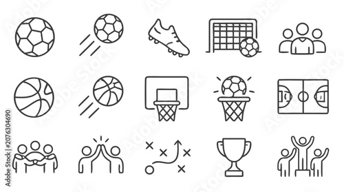 Team sports outline icon set featuring soccer balls, basketball hoops, tactics, trophies, players, teamwork, celebrations and court markings in clean editable vector style for clubs and leagues