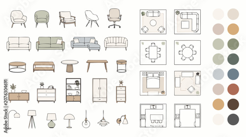 Interior design outline icon collection with sofas, chairs, tables, floor plans, lighting, storage and muted color swatches for furniture layouts, home decor planning and styling tools