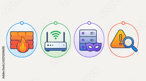 Colorful rounded line icon set for network security layers, firewall protection, wireless gateway, proxy server masking and intrusion detection alerts in editable stroke vector style for secure apps