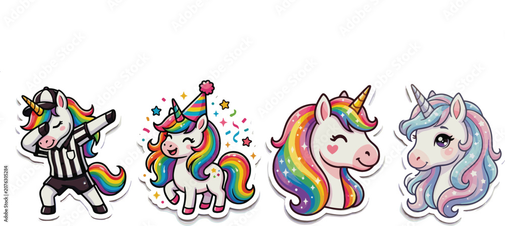 Obraz premium Cute Rainbow Unicorn Sticker Bundle Featuring Dabbing Referee Unicorn, Party Hat Birthday Character, and Magical Glittery Pastel Fantasy Heads for Kids Graphic Designs