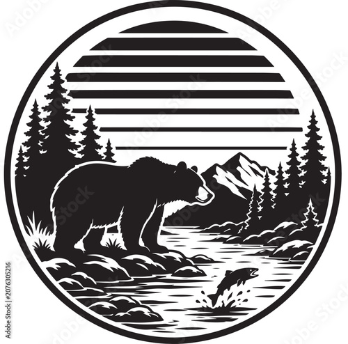 Bear Fishing Logo Illustration with Mountains and Pine Forest