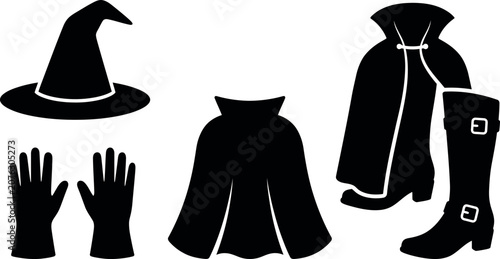Halloween-themed vector illustration featuring a witch hat, cape, gloves, and accessories in black silhouette style