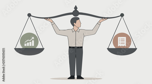 Faceless accountant balancing giant scales between rising income chart and expense receipt, calm financial planning concept in minimalist flat vector style for budgeting and accounting strategy
