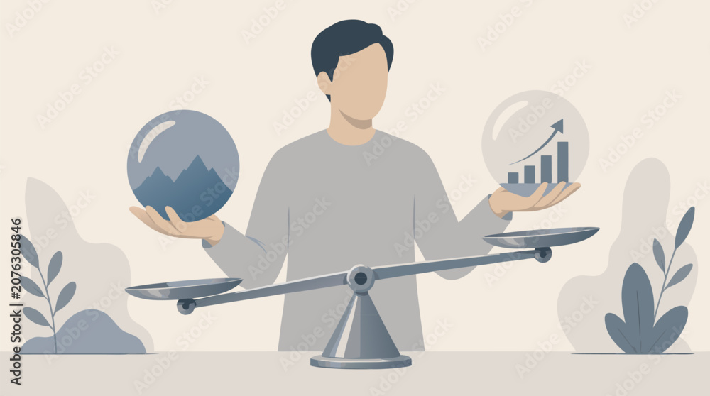 Fototapeta premium Faceless financial advisor vector balancing risk and reward glass orbs on a tilting scale, illustrating investment tradeoffs, strategic growth, uncertainty and portfolio decisions concept